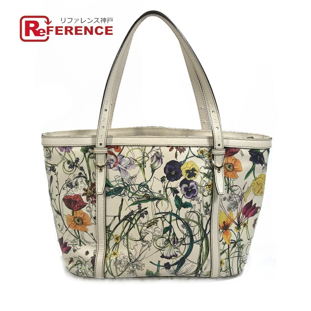 GUCCI Flora Flower Floral Flower Nice Tote Bag Handbag Leather Ivory White